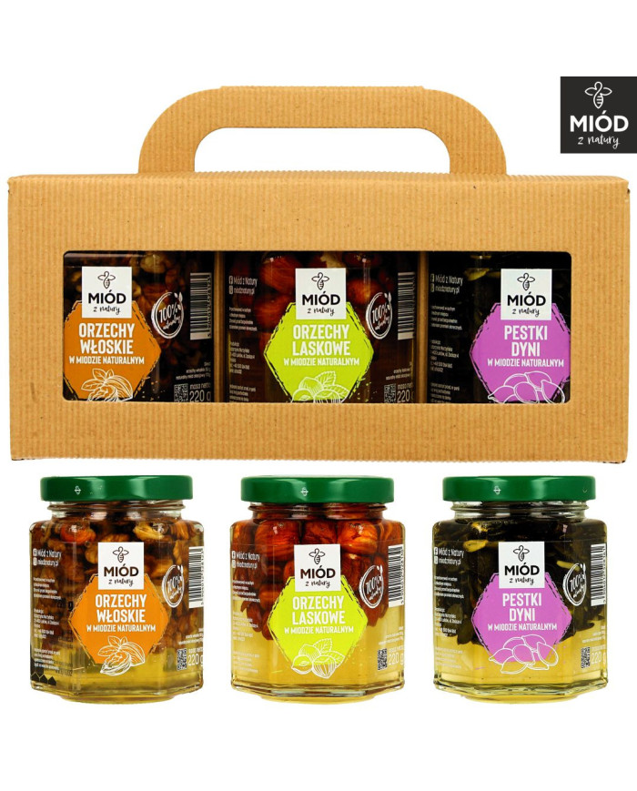 ZESTAW PREZENTOWY  | Orzechy włoskie, laskowe, pestki dyni w miodzie | Eko Pudełko