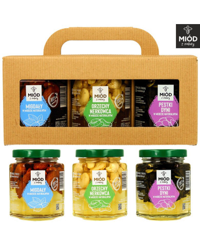 ZESTAW PREZENTOWY  | Migdały, Nerkowce, Pestki Dyni w miodzie | Eko Pudełko