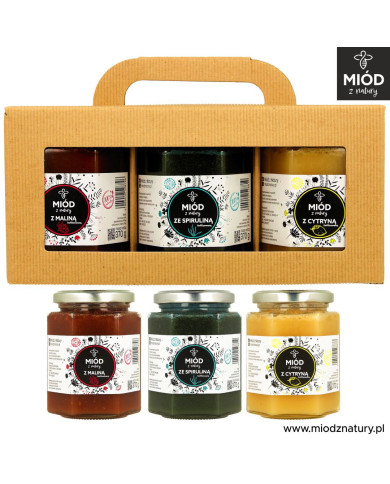Zestaw miodów smakowych | MALINA SPIRULINA CYTRYNA | 3 x 370g