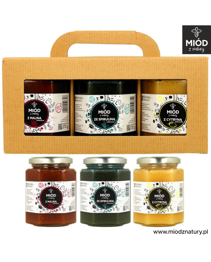 Zestaw miodów smakowych | MALINA SPIRULINA CYTRYNA | 3 x 370g