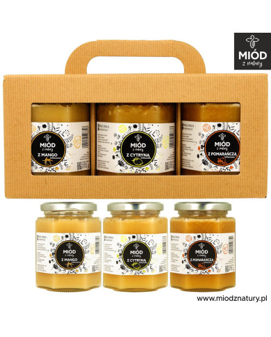 Zestaw miodów smakowych | MANGO CYTRYNA POMARAŃCZA | 3 x 370g