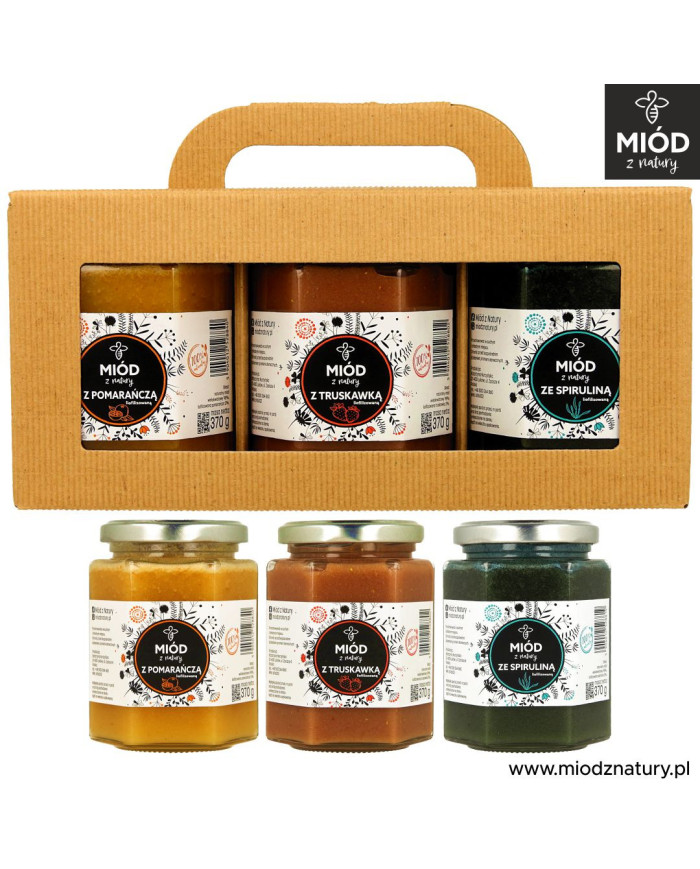 Zestaw 3 Miodów Smakowych | POMARAŃCZA TRUSKAWKA SPIRULINA | Eksplozja Smaków! | 3 x 370g