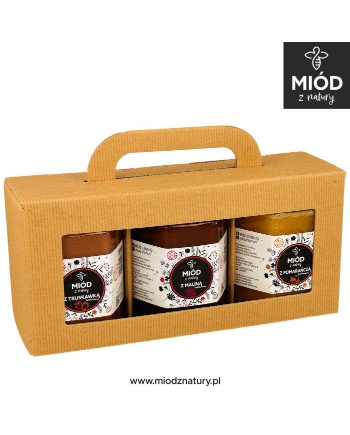 Zestaw 3 Miodów Smakowych | TRUSKAWKA MALINA POMARAŃCZA | Eksplozja Smaków! | 3 x 370g