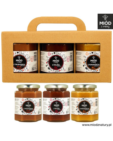 Zestaw 3 Miodów Smakowych | TRUSKAWKA MALINA POMARAŃCZA | Eksplozja Smaków! | 3 x 370g