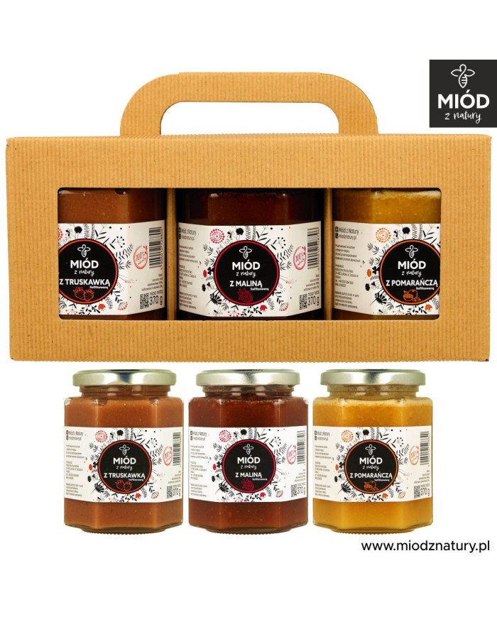 Zestaw 3 Miodów Smakowych | TRUSKAWKA MALINA POMARAŃCZA | Eksplozja Smaków! | 3 x 370g