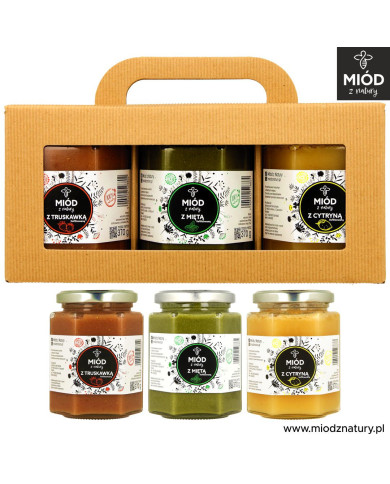 Zestaw 3 Miodów Smakowych | TRUSKAWKA, MIĘTA, CYTRYNA | Eksplozja Smaków! | 3 x 370g
