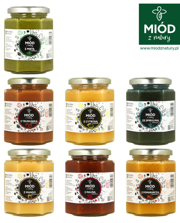 Zestaw 3 Miodów Smakowych | MIĘTA, MALINA, SPIRULINA | Eksplozja Smaków! | 3 x 370g