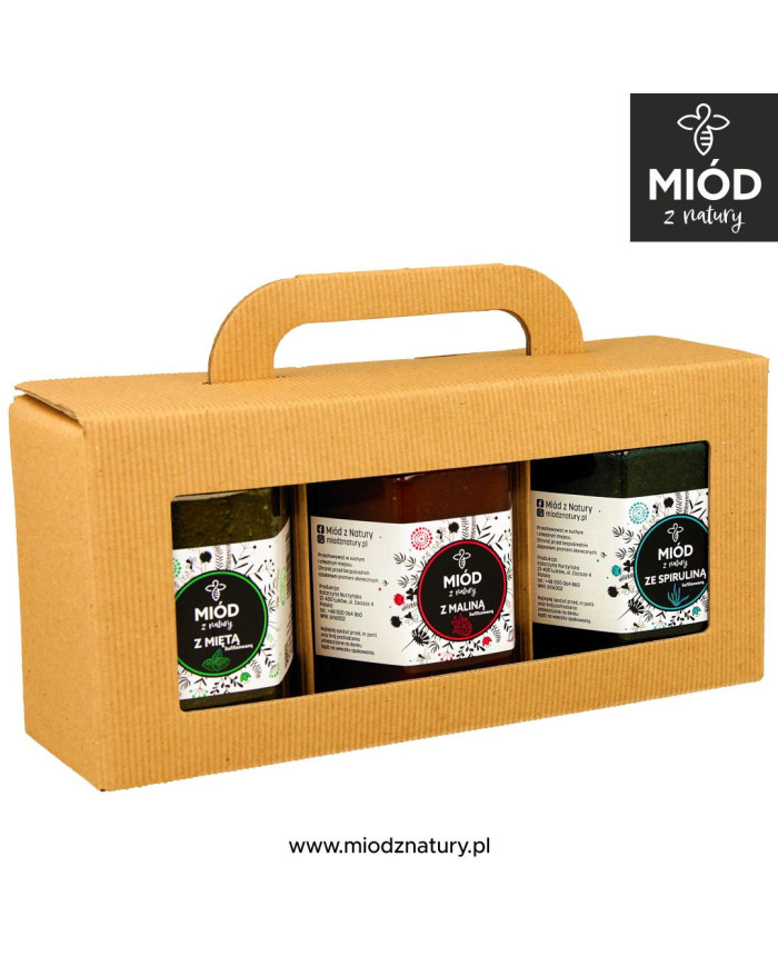 Zestaw 3 Miodów Smakowych | MIĘTA, MALINA, SPIRULINA | Eksplozja Smaków! | 3 x 370g