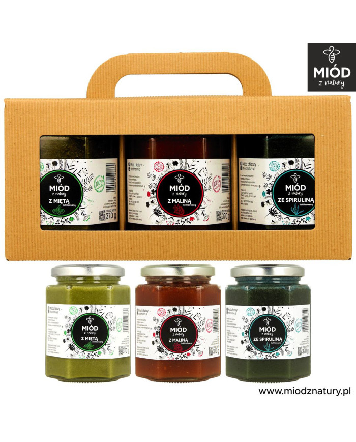 Zestaw 3 Miodów Smakowych | MIĘTA, MALINA, SPIRULINA | Eksplozja Smaków! | 3 x 370g