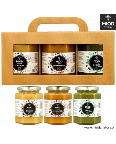 Zestaw 3 Miodów Smakowych | MANGO, POMARAŃCZA, MIĘTA | Eksplozja Smaków! | 3 x 370g