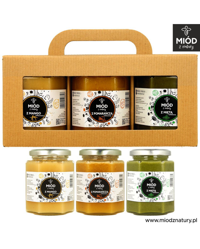 Zestaw 3 Miodów Smakowych | MANGO, POMARAŃCZA, MIĘTA | Eksplozja Smaków! | 3 x 370g