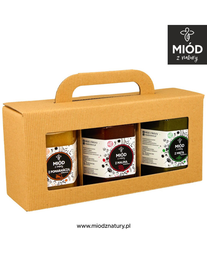 Zestaw 3 Miodów Smakowych | POMARAŃCZA, MALINA, MIĘTA | Eksplozja Smaków! | 3 x 370g