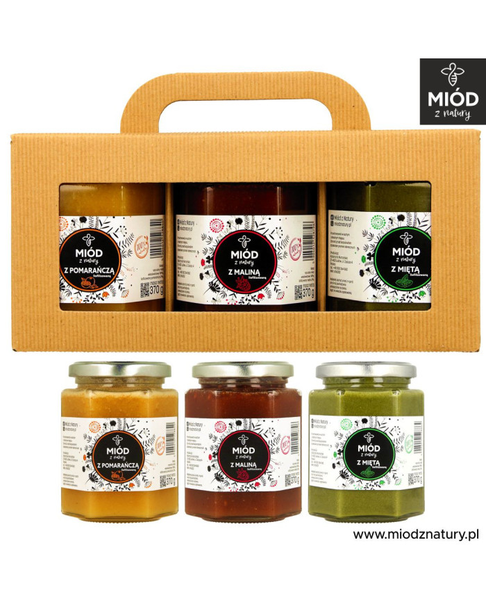 Zestaw 3 Miodów Smakowych | POMARAŃCZA, MALINA, MIĘTA | Eksplozja Smaków! | 3 x 370g