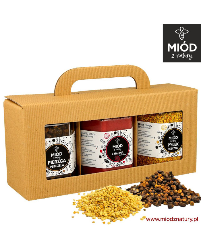 Zestaw prezentowy z PIERZGĄ, miodem z MALINĄ i z PYŁKIEM pszczelim