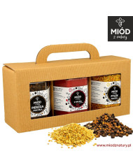 Zestaw prezentowy z PIERZGĄ, miodem z MALINĄ i z PYŁKIEM pszczelim