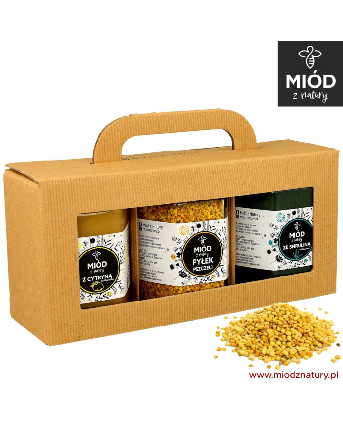 Zestaw Prezentowy z Miodem z Cytryną, z PYŁKIEM Pszczelim i z Miodem ze Spiruliną