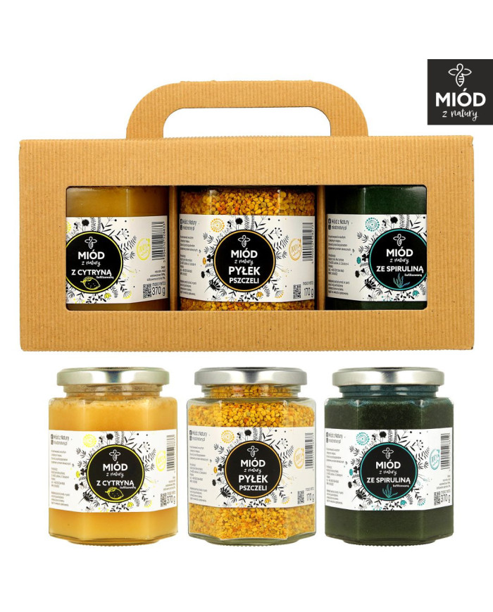 Zestaw Prezentowy z Miodem z Cytryną, z PYŁKIEM Pszczelim i z Miodem ze Spiruliną