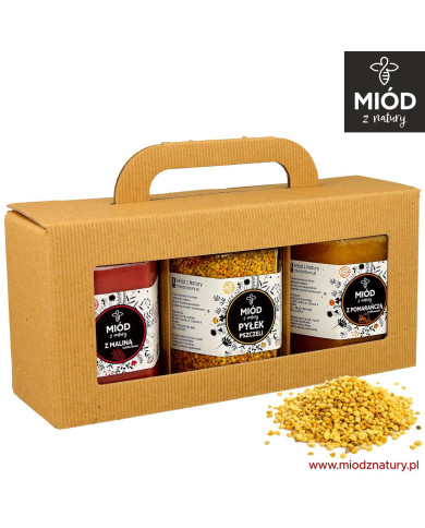 Zestaw Prezentowy z Miodem z Maliną, z PYŁKIEM Pszczelim i z Miodem ze Pomarańczą