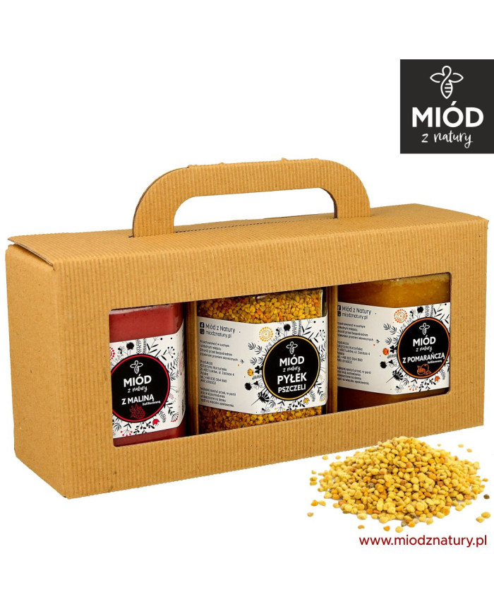 Zestaw Prezentowy z Miodem z Maliną, z PYŁKIEM Pszczelim i z Miodem ze Pomarańczą