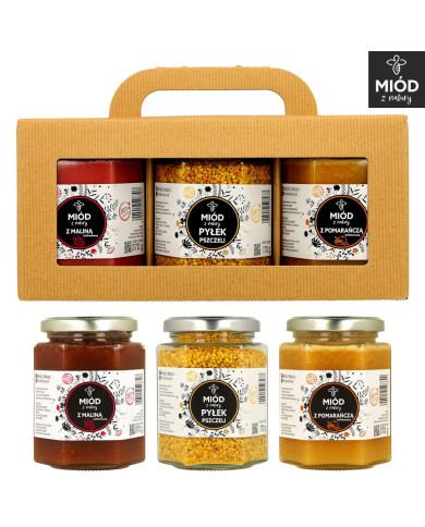 Zestaw Prezentowy z Miodem z Maliną, z PYŁKIEM Pszczelim i z Miodem ze Pomarańczą