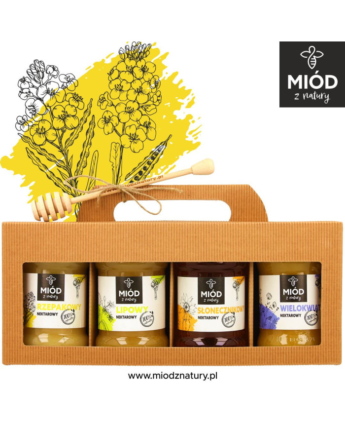 Miodowy Zestaw Prezentowy - 4 Smaki: RZEPAKOWY, LIPOWY, SŁONECZNIKOWY, WIELOKWIATOWY