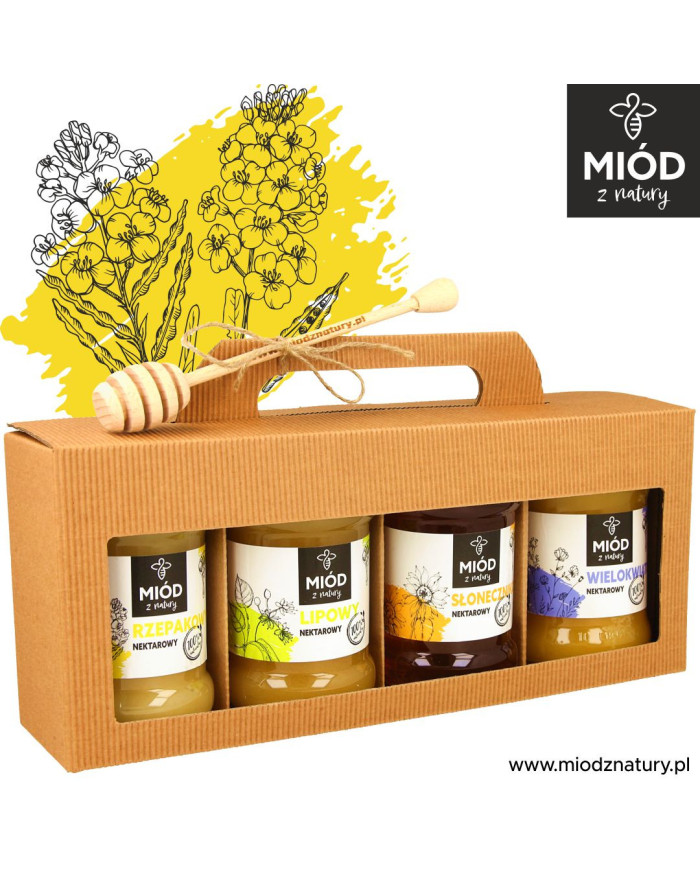 Miodowy Zestaw Prezentowy - 4 Smaki: RZEPAKOWY, LIPOWY, SŁONECZNIKOWY, WIELOKWIATOWY