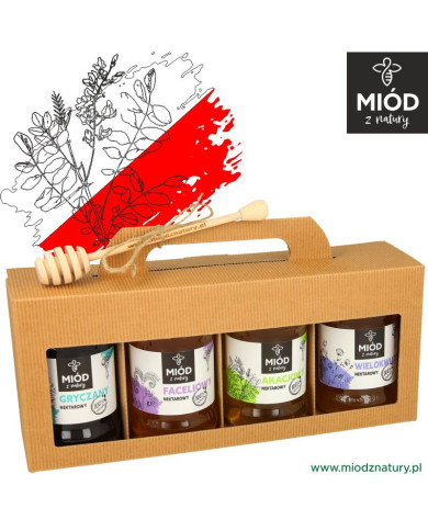 Miodowy Zestaw Prezentowy - 4 Smaki: GRYCZANY, FACELIOWY, AKACJOWY, WIELOKWIATOWY