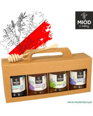 Miodowy Zestaw Prezentowy - 4 Smaki: GRYCZANY, FACELIOWY, AKACJOWY, WIELOKWIATOWY