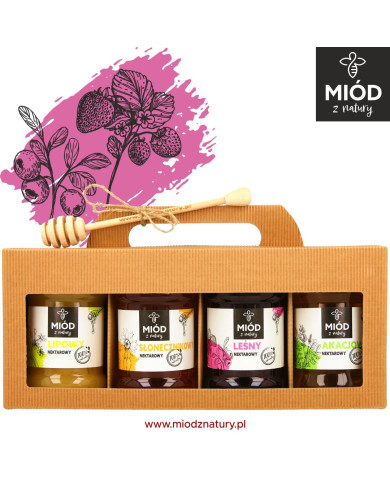 Miodowy Zestaw Prezentowy - 4 Smaki: LIPOWY, SŁONECZNIKOWY, LEŚNY, AKACJOWY
