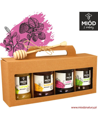Miodowy Zestaw Prezentowy - 4 Smaki: LIPOWY, SŁONECZNIKOWY, LEŚNY, AKACJOWY