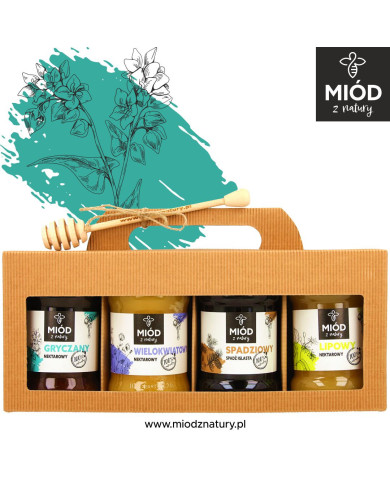 Miodowy Zestaw Prezentowy - 4 Smaki: GRYCZANY WIELOKWIAT SPADZIOWY LIPOWY