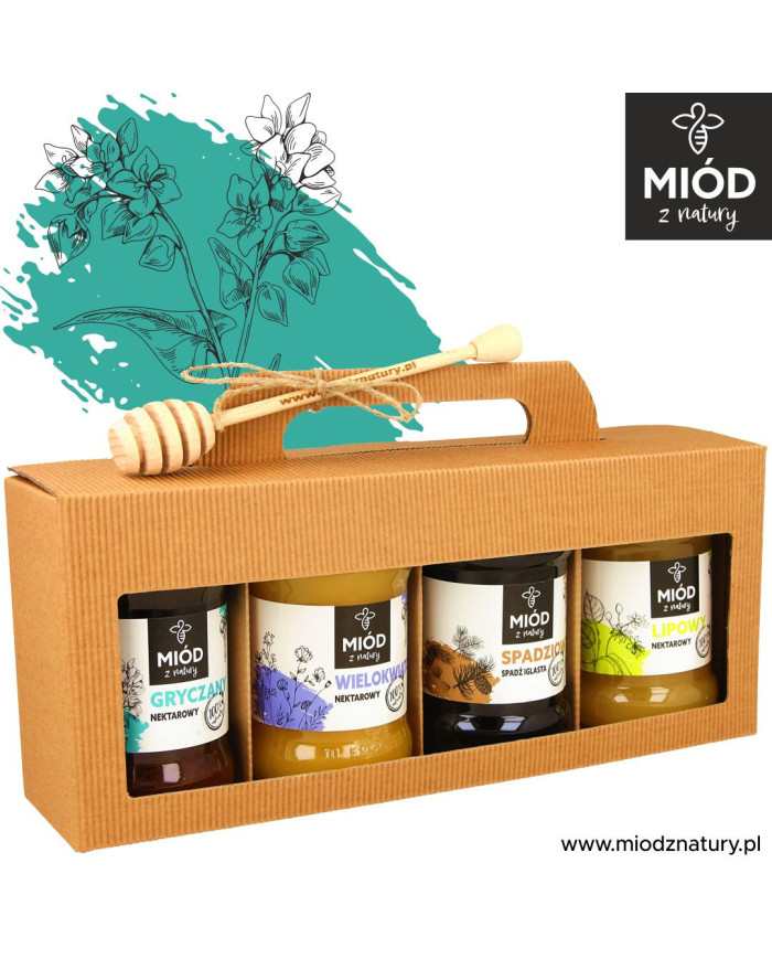 Miodowy Zestaw Prezentowy - 4 Smaki: GRYCZANY WIELOKWIAT SPADZIOWY LIPOWY