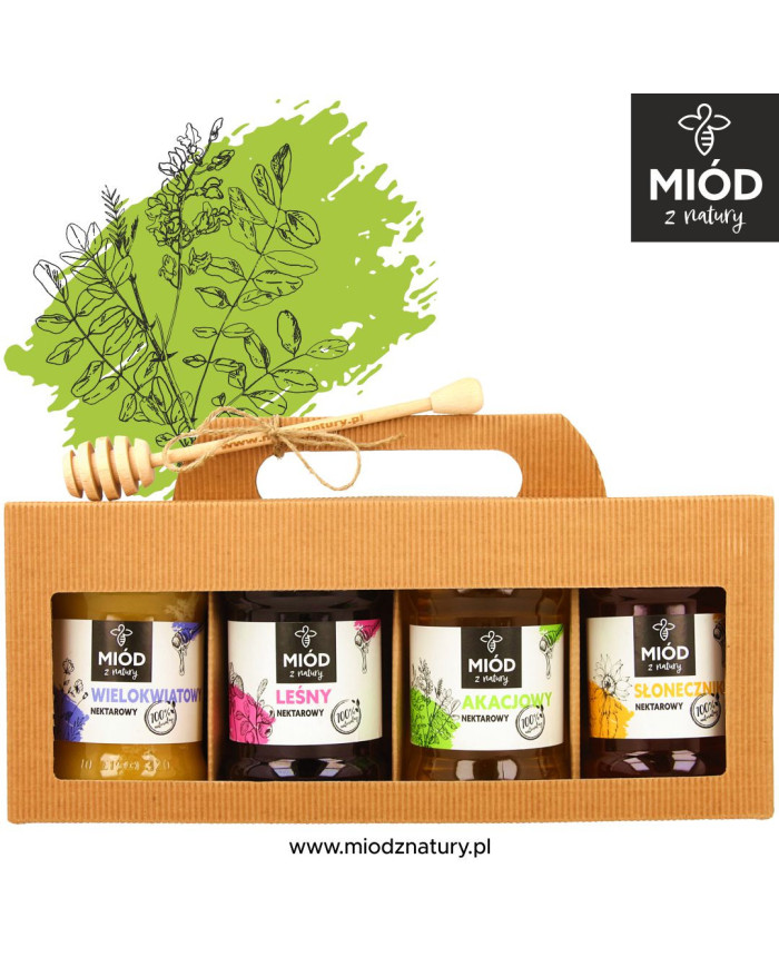 Miodowy Zestaw Prezentowy - 4 Smaki: WIELOKWIATOWY LEŚNY AKACJOWY SŁONECZNIKOWY
