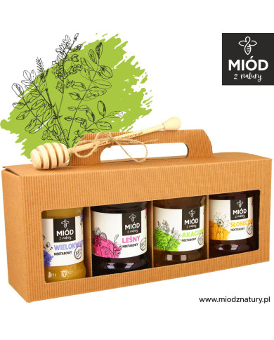 Miodowy Zestaw Prezentowy - 4 Smaki: WIELOKWIATOWY LEŚNY AKACJOWY SŁONECZNIKOWY