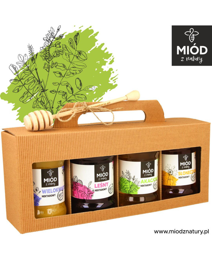 Miodowy Zestaw Prezentowy - 4 Smaki: WIELOKWIATOWY LEŚNY AKACJOWY SŁONECZNIKOWY