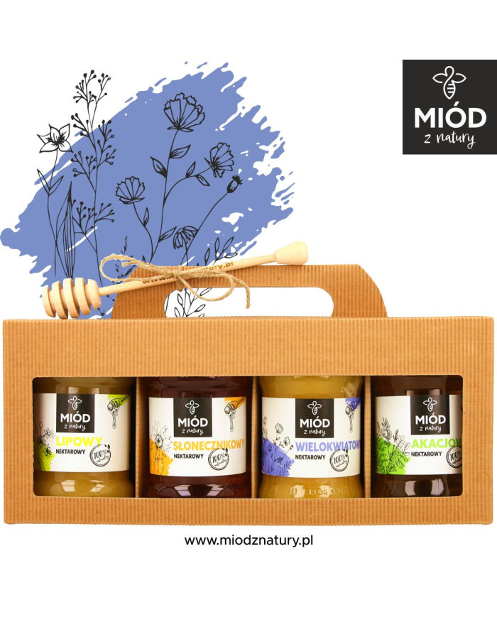 Miodowy Zestaw Prezentowy - 4 Smaki: LIPOWY SŁONECZNIKOWY WIELOKWIATOWY AKACJOWY