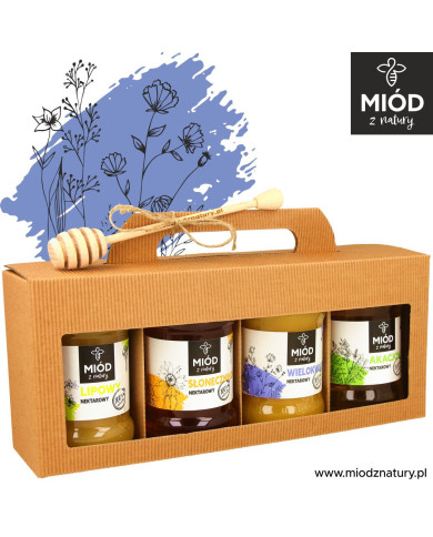 Miodowy Zestaw Prezentowy - 4 Smaki: LIPOWY SŁONECZNIKOWY WIELOKWIATOWY AKACJOWY