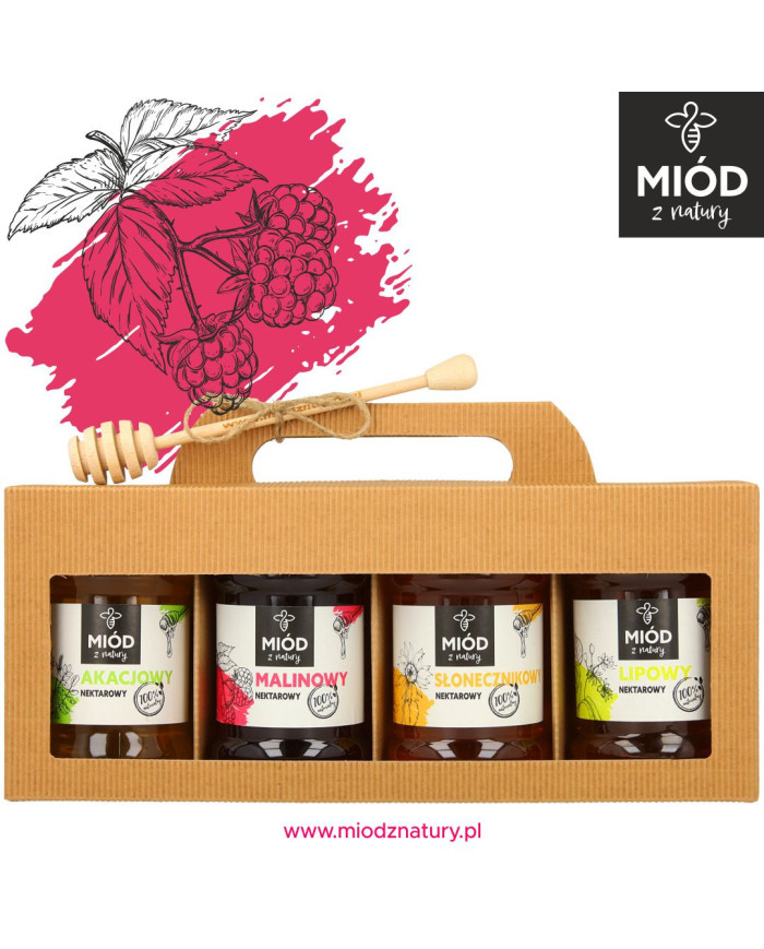 Miodowy Zestaw Prezentowy - 4 Smaki: AKACJOWY MALINOWY SŁONECZNIKOWY LIPOWY