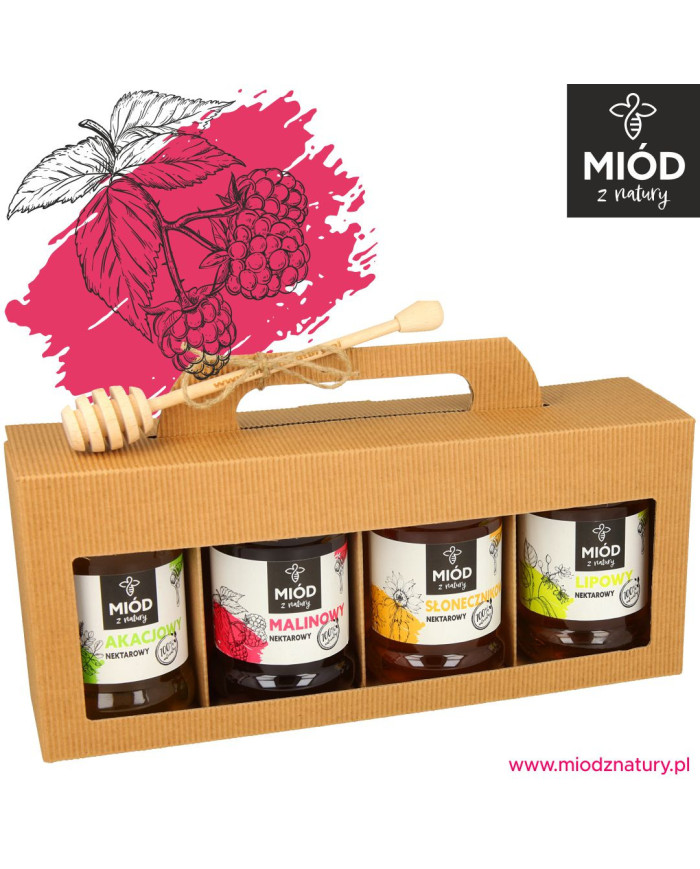 Miodowy Zestaw Prezentowy - 4 Smaki: AKACJOWY MALINOWY SŁONECZNIKOWY LIPOWY