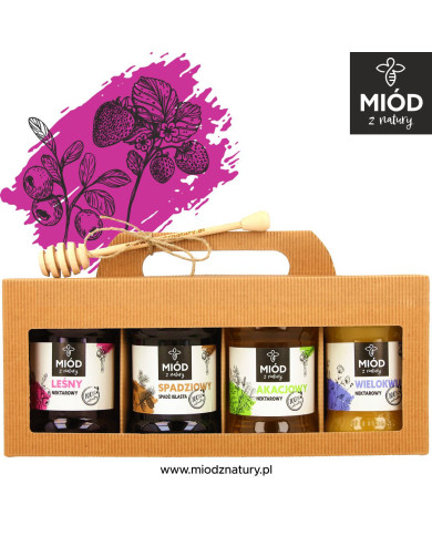 Miodowy Zestaw Prezentowy - 4 Smaki: LEŚNY SPADZIOWY AKACJOWY WIELOKWIATOWY