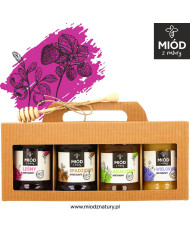 Miodowy Zestaw Prezentowy - 4 Smaki: LEŚNY SPADZIOWY AKACJOWY WIELOKWIATOWY