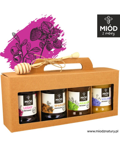 Miodowy Zestaw Prezentowy - 4 Smaki: LEŚNY SPADZIOWY AKACJOWY WIELOKWIATOWY