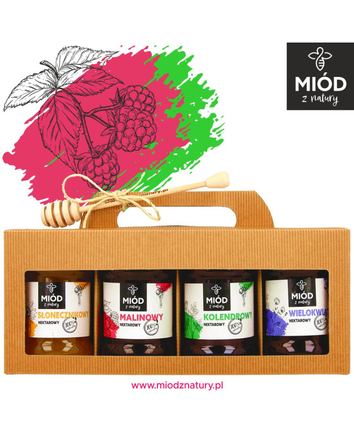 Miodowy Zestaw Prezentowy - 4 Smaki:  SŁONECZNIKOWY MALINOWY KOLENDROWY WIELOKWIATOWY