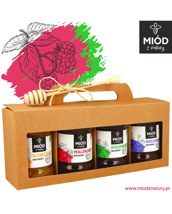 Miodowy Zestaw Prezentowy - 4 Smaki:  SŁONECZNIKOWY MALINOWY KOLENDROWY WIELOKWIATOWY