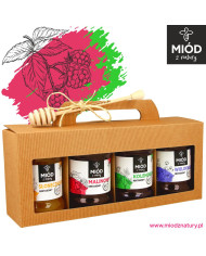 Miodowy Zestaw Prezentowy - 4 Smaki:  SŁONECZNIKOWY MALINOWY KOLENDROWY WIELOKWIATOWY