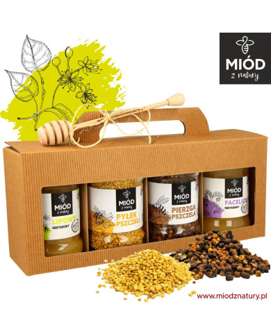 Zestaw prezentowy 4 słoiczków: Miód LIPOWY, PYŁEK pszczeli, PIERZGA pszczela, Miód FACELIOWY