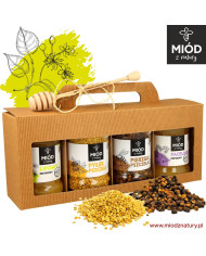 Zestaw prezentowy 4 słoiczków: Miód LIPOWY, PYŁEK pszczeli, PIERZGA pszczela, Miód FACELIOWY