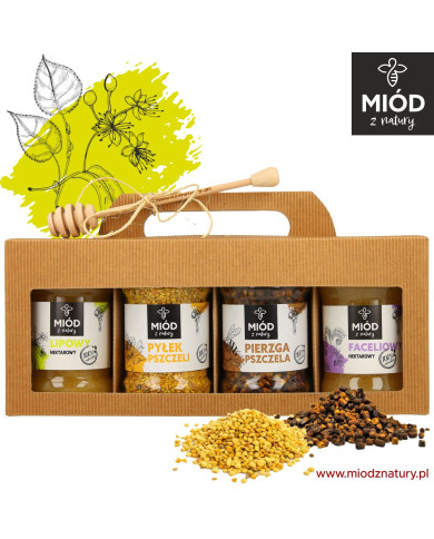 Zestaw prezentowy 4 słoiczków: Miód LIPOWY, PYŁEK pszczeli, PIERZGA pszczela, Miód FACELIOWY