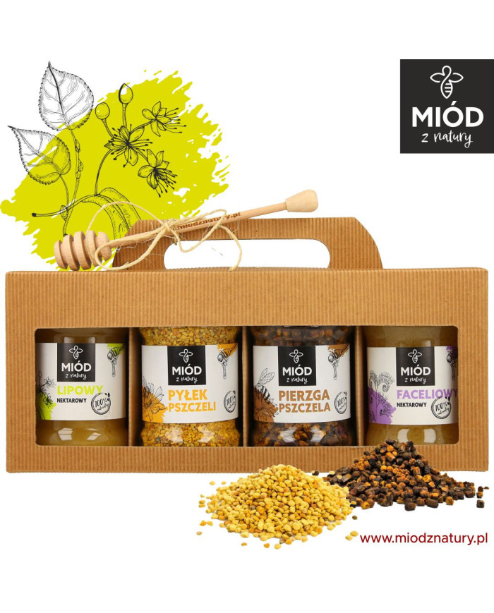 Zestaw prezentowy 4 słoiczków: Miód LIPOWY, PYŁEK pszczeli, PIERZGA pszczela, Miód FACELIOWY
